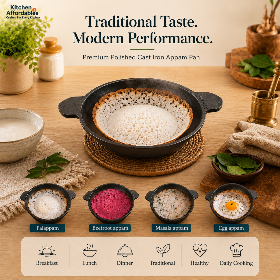 Premium Polished Cast Iron Appam Pan